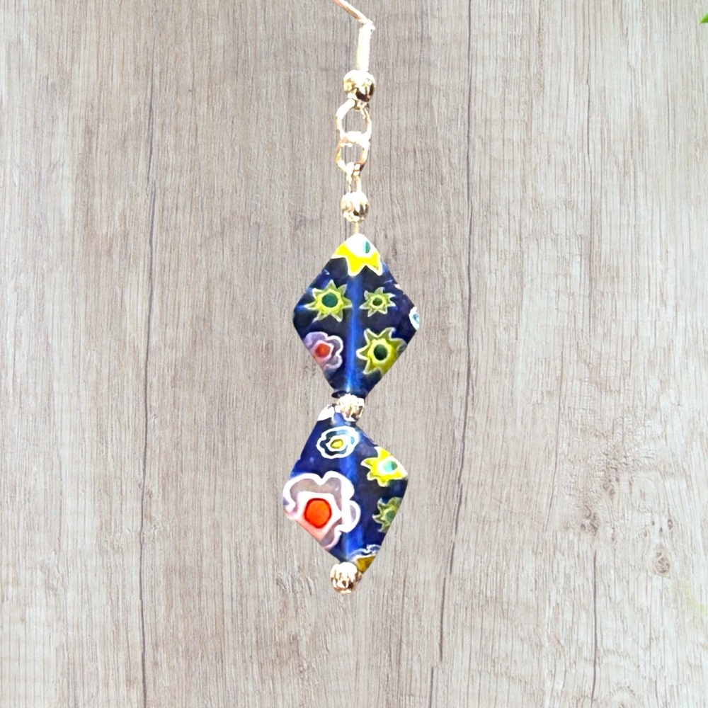 Hand Crafted Earrings Flowers Floral Beads Long Dangle Pierced - Picture 6 of 8